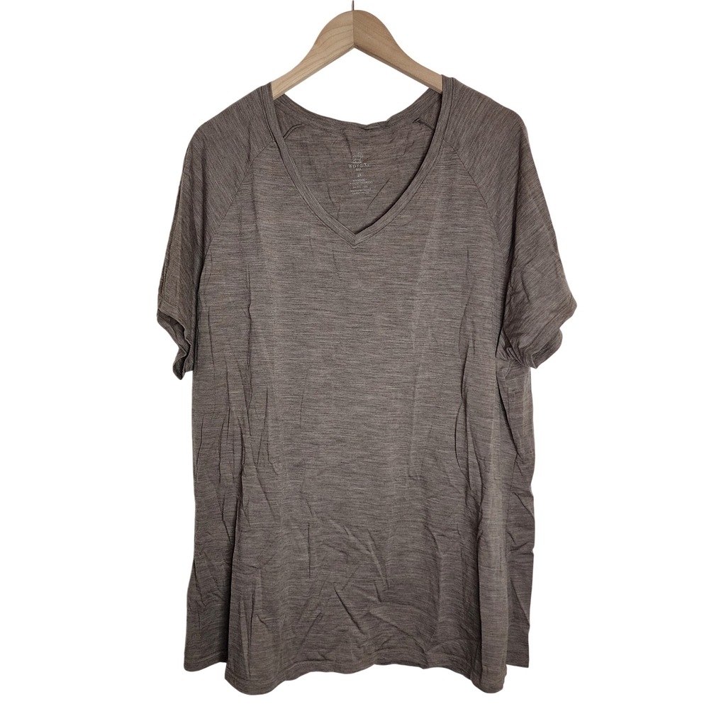 Woolx Mia T-Shirt Women 2X Brown Merino Wool V-Neck Short Sleeve Raglan Top